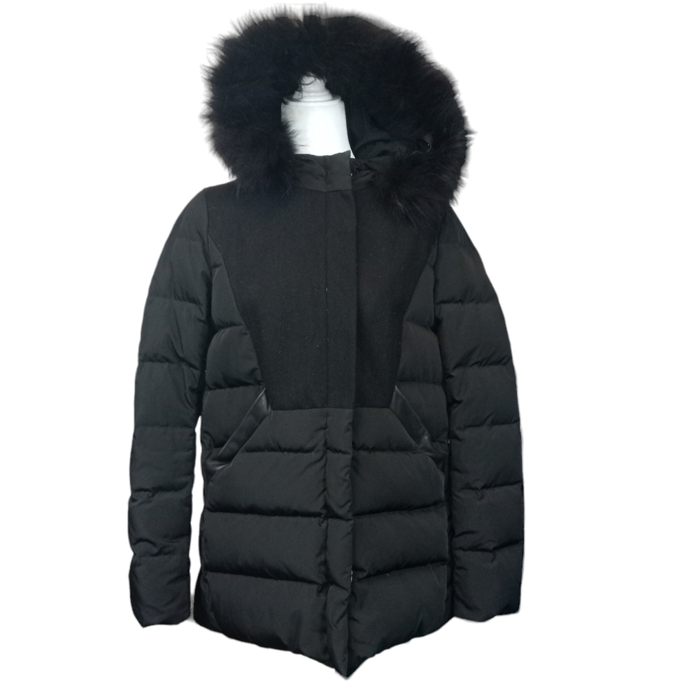 Maje Genuine Fur Trimmed Down Filled Puffer Coat Black Size Medium